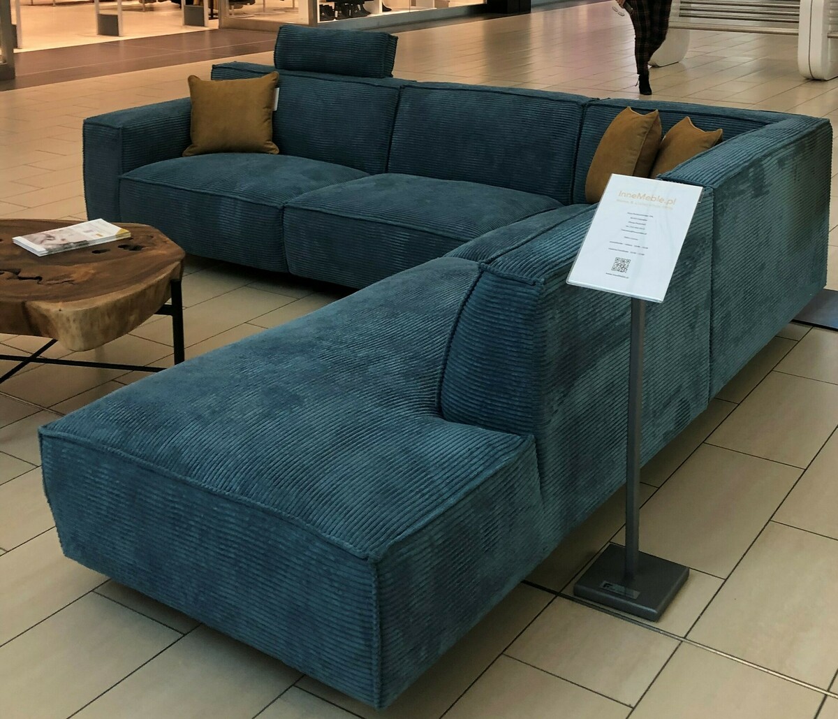 narożna sofa Vesta sztruks, niebieska, szew zewnętrzny  